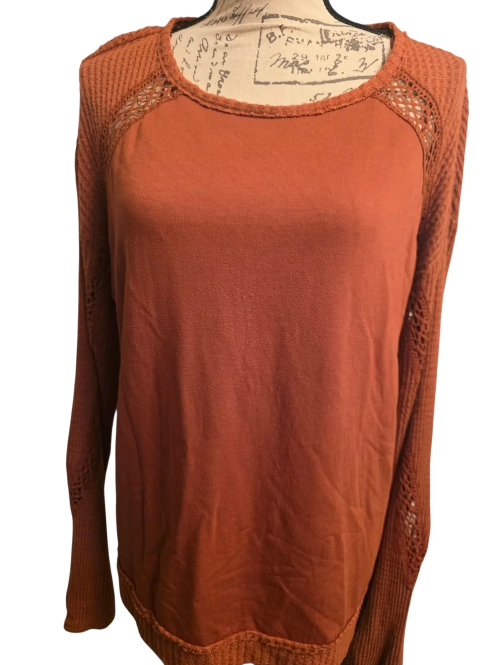 KNOX ROSE Women's Rust Crochet-Sleeve Pullover Top M Euc